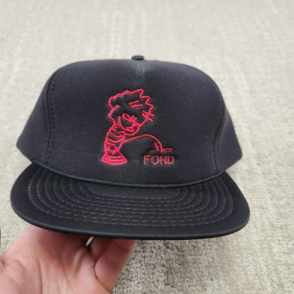 Vintage Otto Cap Black Snapback Hat Red Peeing on Ford Graphic Trucker Cap